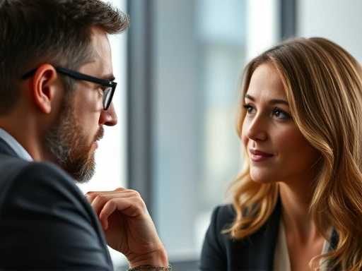 A close-up shot of two people in an interview setting, one actively listening with a thoughtful expression and the other speaking clearly, emphasizing effective communication skills and mutual understanding.