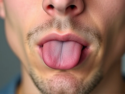 Close-up of a person's mouth and jaw practicing articulation exercises, showing clear tongue and lip movements, focused on pronunciation.