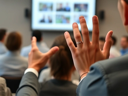 A close-up shot of hands gesturing confidently during a professional presentation, with a blurred audience in the background and a clear projector screen showing a well-designed portfolio slide, highlighting effective communication and confidence.