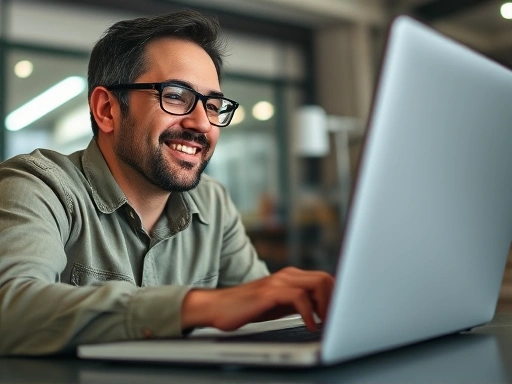 A close-up shot of an employee effectively using a new ERP system on a laptop, with a slight smile of satisfaction, demonstrating successful adaptation and improved productivity. Emphasize screen details and positive user experience.