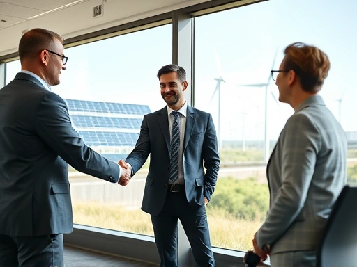 A candidate confidently shaking hands with an interviewer in a modern, sustainable energy company office, with solar panels and wind turbines visible through a large window. The scene should convey professionalism and innovation.