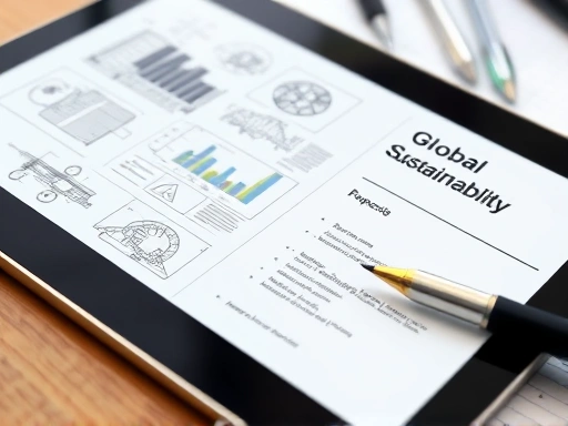 Close-up of a tablet displaying complex engineering diagrams and a global sustainability report, with a pen and notepad nearby, symbolizing deep technical understanding and environmental commitment.