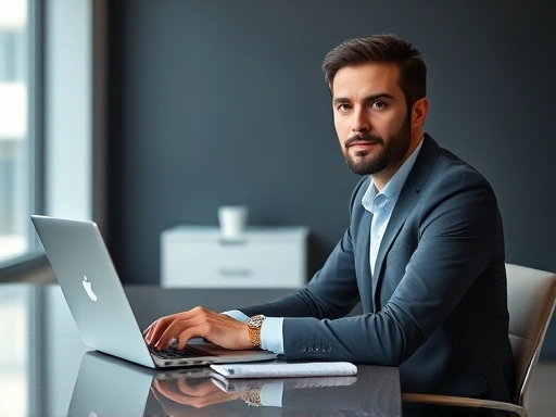 A focused professional preparing for an English interview, sitting at a modern desk with a laptop, notes, and a confident expression. The scene is well-lit, emphasizing readiness and focus.