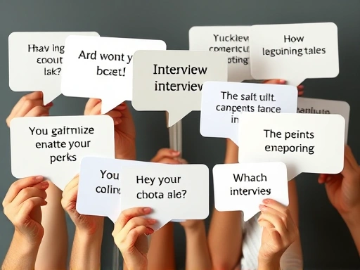 Close-up of a diverse group of hands holding speech bubbles with various essential English interview expressions, showing detailed communication and clear, concise phrases.