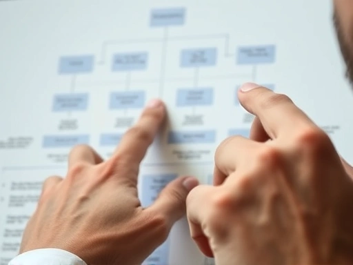 Close-up of a person's hand pointing at a decision tree or a complex diagram, with the other hand holding their chin in thought, illustrating the detailed application of ethical criteria in a challenging situation, focus on clarity and deep contemplation.