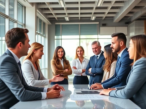 A diverse group of confident executives in a modern, brightly lit office, engaging in a strategic discussion, embodying leadership and forward-thinking vision. Focus on clear communication and collaboration.
