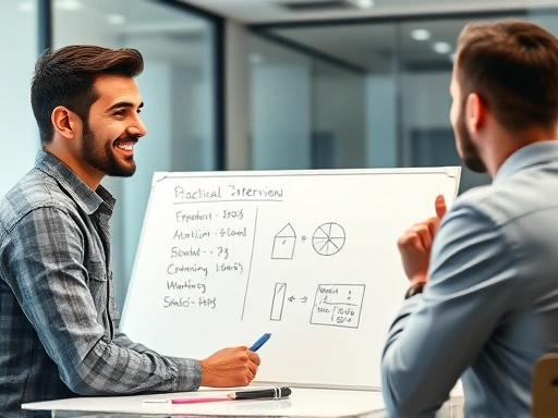 A confident candidate actively engaged in a practical interview, demonstrating problem-solving on a whiteboard, surrounded by interviewers nodding in approval, professional setting, modern office.