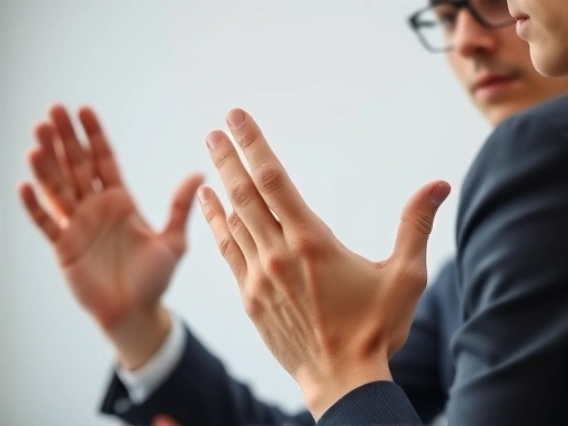 Close-up of a diverse hand gesture and confident eye contact during a professional job interview, showing engagement and sincerity.