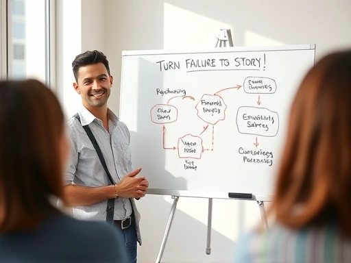 A professional person confidently presenting, using a whiteboard with diagrams showing a transformation from a problem to a solution, illustrating the concept of turning failure into a growth story. The scene is bright and encouraging, with focus on clear communication and positive body language, incorporating elements of strategy and personal development.