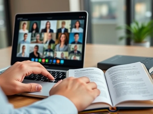 A close-up shot of hands actively participating in an online professional community forum, with a laptop showing a knowledge-sharing session and a notebook open to feedback notes, symbolizing active engagement in self-improvement and learning ability.