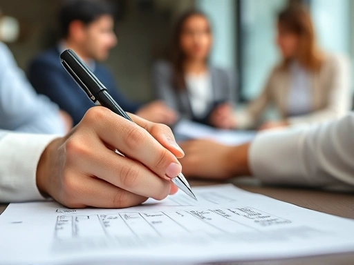 Close-up of a hand writing feedback notes during a mock interview session, with blurred people in the background. Emphasize the detailed feedback process and active listening. Keywords: interview feedback, professional coaching, improvement plan.