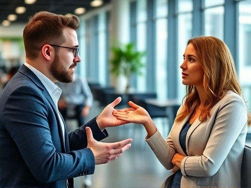 A confident job candidate discussing problem-solving in a modern office setting, showing clear communication and analytical skills, with a focus on a financial interview.