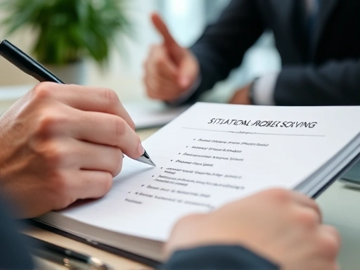 Close-up of hands taking notes during an interview, with a blurred interviewer and a notebook showing structured bullet points for situational problem-solving, highlighting focus and preparation.