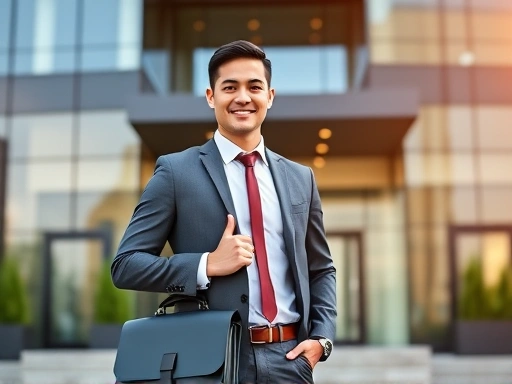 A confident new employee standing in front of a modern office building, holding a briefcase, with a bright smile, symbolizing readiness and success.