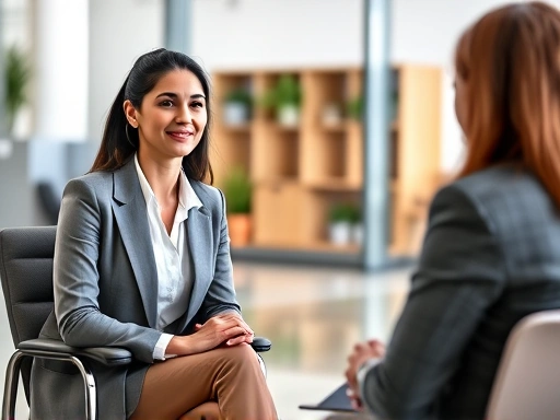 A professional woman in a business suit confidently engaging in a first-round job interview, sitting across from an interviewer, in a bright, modern office setting.