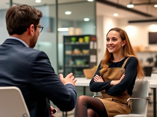A professional male interviewer in a modern office setting, asking questions to a confident young female candidate during a food industry interview, emphasizing quality and safety. Focus on professionalism and engagement.