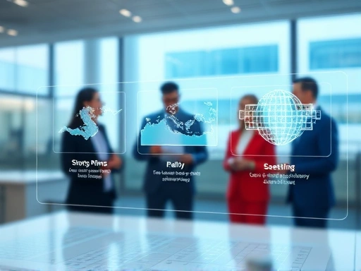 A close-up of a holographic projection showing three distinct future scenarios for an industry, with blurred figures in the background discussing strategies, emphasizing data and conceptual planning.