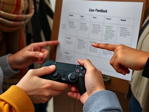 Close-up of a diverse group of hands, one holding a game controller, other hands pointing to a user feedback chart, illustrating collaborative user understanding and iterative design, with a focus on empathy and insight.