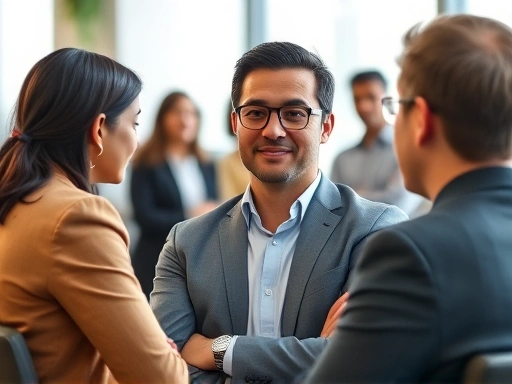 A confident person in a professional interview setting, demonstrating a global mindset with subtle nods to cultural awareness and cross-cultural communication, a diverse group of people in the background, bright office environment.
