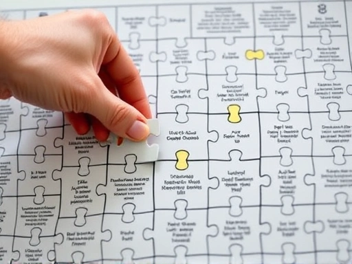 A close-up shot of a hand placing a final puzzle piece into a complex, organized structure, representing the completion of a goal and effective methodology.