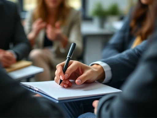 Close-up shot of a facilitator's hands on a notepad during a group discussion interview, subtly guiding the conversation. The hands are gesturing lightly, indicating active listening and gentle direction, with a blurred background focusing on the details of professional interaction and leadership.