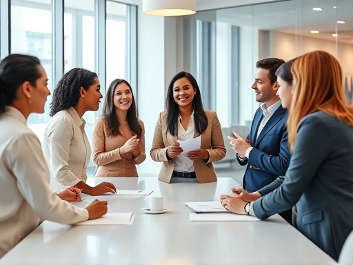 A diverse group of professional candidates actively collaborating in a modern, brightly lit conference room during a group interview, showcasing teamwork and positive interaction, with a focus on their expressions of cooperation. The scene should be dynamic and engaging, highlighting a sense of shared purpose.