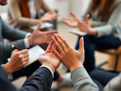 A close-up shot of hands, some writing notes, others gesturing in an open, inviting manner, symbolizing active listening and constructive contribution during a group discussion. The focus should be on the subtle cues of teamwork and shared engagement, with a blurred background of the interview setting.