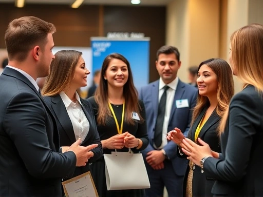 A diverse group of young professionals in formal attire attending a hotel and tourism industry job fair, actively engaging in conversations with recruiters, with a focus on demonstrating their service mind and strong communication skills.