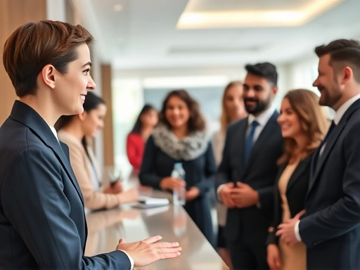 A close-up of a smiling hotel front desk staff member warmly greeting a diverse group of international guests, demonstrating excellent service mind and fluid communication in multiple languages in a modern hotel lobby setting.