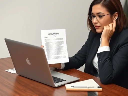 A professional, determined job seeker sits at a desk, reviewing a self-introduction letter on a laptop, with a pen in hand and a notepad beside, illustrating careful preparation for a successful application process. Focus on the positive and proactive approach.
