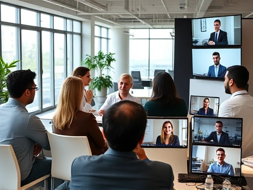 A diverse group of job candidates and interviewers, some in-person in a modern office, others connected virtually via video call on screens, all engaged in a seamless hybrid interview setting, showcasing clear communication and technical setup.