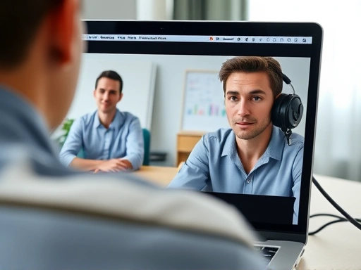 Close-up of a laptop screen showing a virtual interviewer, with a person physically in an interview room looking towards the camera, emphasizing eye contact and clear audio setup for a hybrid interview.