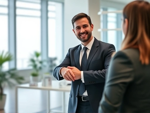 A confident person in a professional suit shaking hands with an interviewer in a modern office, emphasizing trust and good communication. Focus on the expressions and interaction.