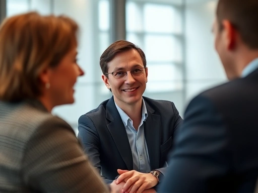A person actively listening and observing in a professional interactive interview setting, focusing on subtle cues and non-verbal communication, with a positive, engaged expression.