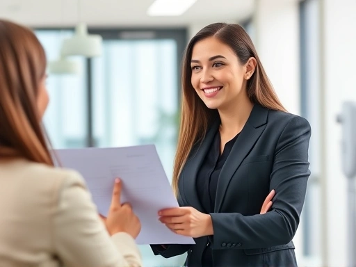 A confident young professional woman in a bright, modern office setting, discussing her resume with an interviewer, showcasing her internship experience with a positive and engaging demeanor, bright and professional lighting, focus on confident body language.