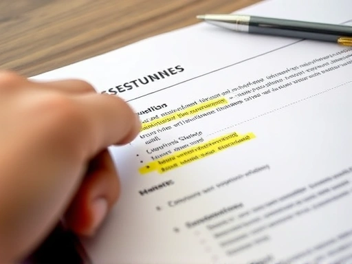 Close-up of a hand highlighting key skills and achievements on a resume or job description, with a pen and notepad nearby, symbolizing meticulous preparation for an interview, professional and detailed, focus on the details of the highlighted text.