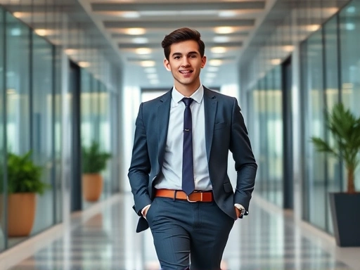A professional looking young person (male or female, diverse) confidently walking into a modern office building, dressed in smart interview attire. Focus on the overall look and the positive, prepared attitude.