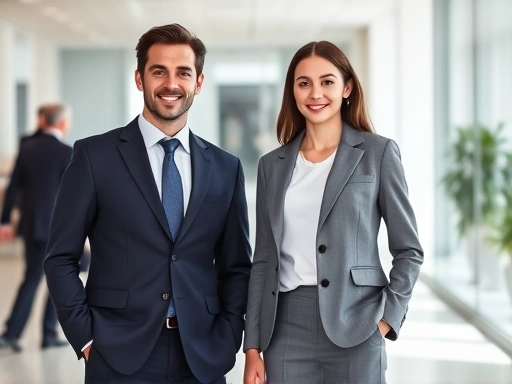 A confident male and female candidate in professional interview attire, standing side-by-side, with different colored suits (navy and grey) in a bright, modern office setting, embodying professionalism and readiness for an interview, with subtle hints of psychological color effects in the background. Keywords: interview, professional, attire, color, confidence.