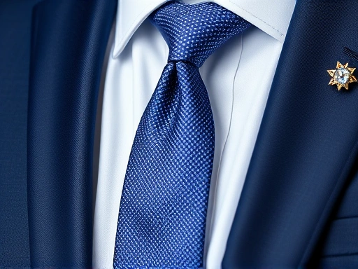 A close-up shot focusing on the details of different interview attire elements: a navy suit lapel, a crisp white shirt collar, a subtly patterned tie, and a grey blazer with a small professional brooch. The image should highlight the textures and quality of the fabric, conveying professionalism and attention to detail for an interview setting. Keywords: suit, tie, shirt, professionalism, interview.