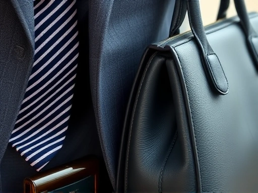 Close-up shot of well-coordinated interview accessories: a neat tie or a subtle necklace, a polished dress shoe, and a clean, structured bag, emphasizing attention to detail.