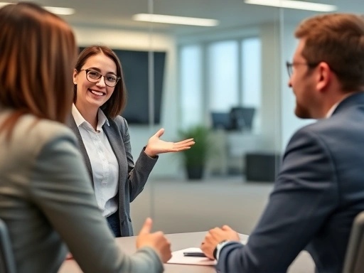 A confident job applicant maintaining open body language and engaging eye contact during a successful interview, with a professional interviewer in an office setting.