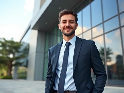 A confident job candidate arriving at a modern office building, dressed in professional business attire, looking poised and ready for an interview, representing professionalism and preparation with a clear sky backdrop.
