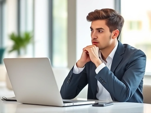 A focused young professional, dressed in smart casual attire, sitting at a table with a laptop, intensely thinking and strategizing while preparing for an interview, showing determination and analytical skills. The scene is bright and modern.