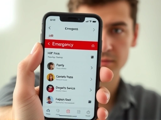 A close-up of a hand holding a smartphone with a clearly visible emergency contact list, showing different types of contacts like HR, family, and emergency services, with a worried but prepared expression in the background.