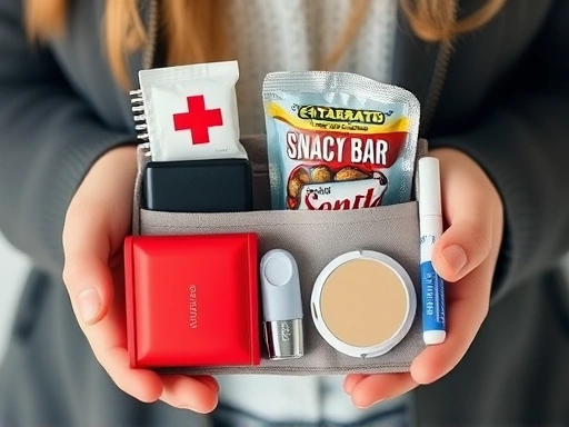 A neatly organized small emergency kit for an interview, showing a miniature first-aid kit, a portable charger, a small snack bar, a compact mirror, and a stain remover pen. Focus on practicality and readiness.