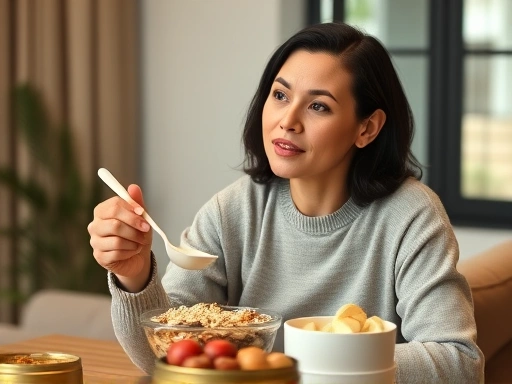 A person thoughtfully choosing healthy breakfast foods like oatmeal, bananas, and nuts on an interview day morning, with a calm and focused expression, emphasizing preparation and mental clarity.