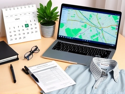 A focused shot of a well-organized desk with a calendar showing an interview date, a checklist, a laptop displaying a map with a route, and a neatly prepared interview outfit, emphasizing interview day time management and preparation.