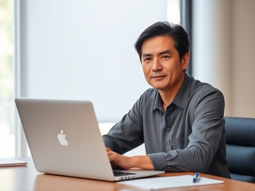 A person looking calm and confident, sitting at a desk with a laptop, preparing for an interview with subtle sunlight, symbolizing preparation and optimal condition.