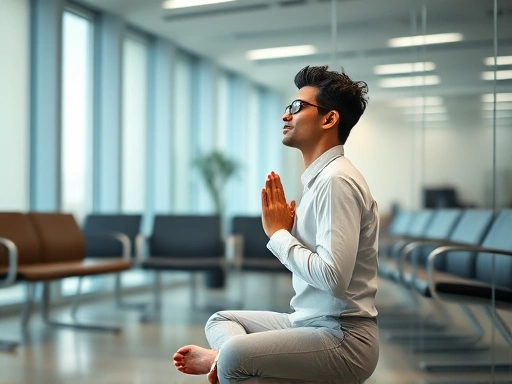 A person sitting calmly in a modern office waiting room, practicing deep breathing before an important interview, conveying serenity and preparation.