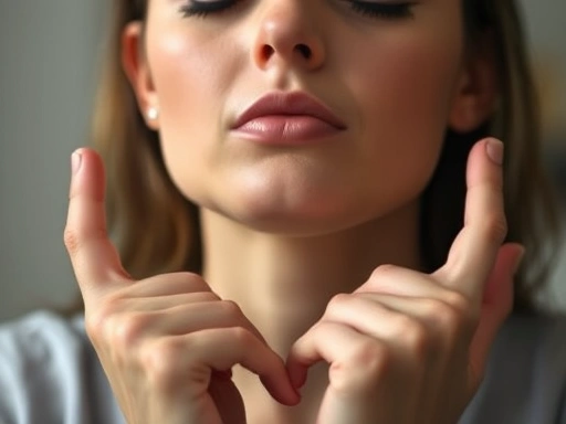 Close-up of a person performing deep breathing exercises, with eyes closed, hands resting calmly, suggesting stress reduction and mindfulness before an important interview.